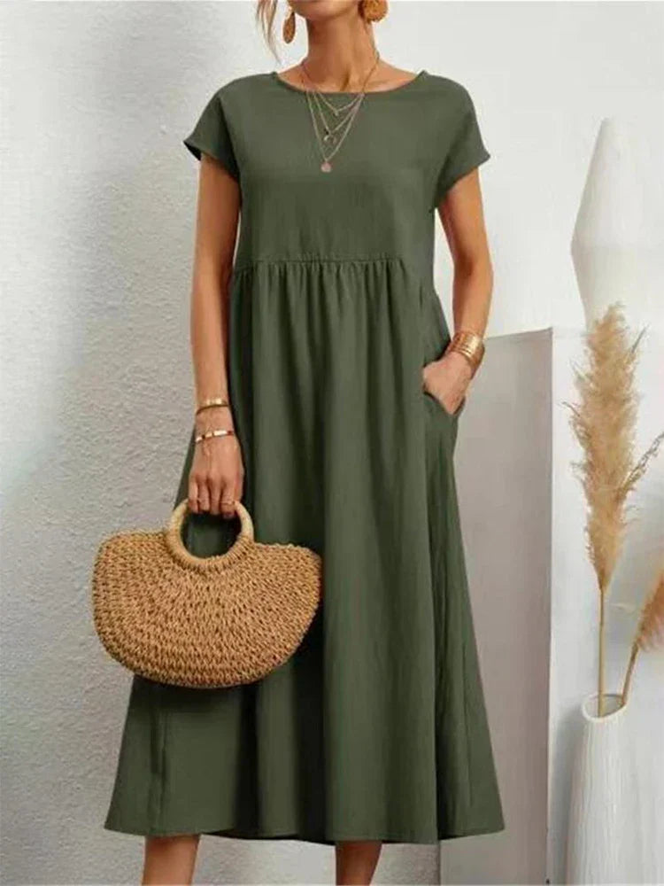 Janet™ - Elegancka bawełniana lniana sukienka Maxi z kieszeniami w stylu vintage Harajuku