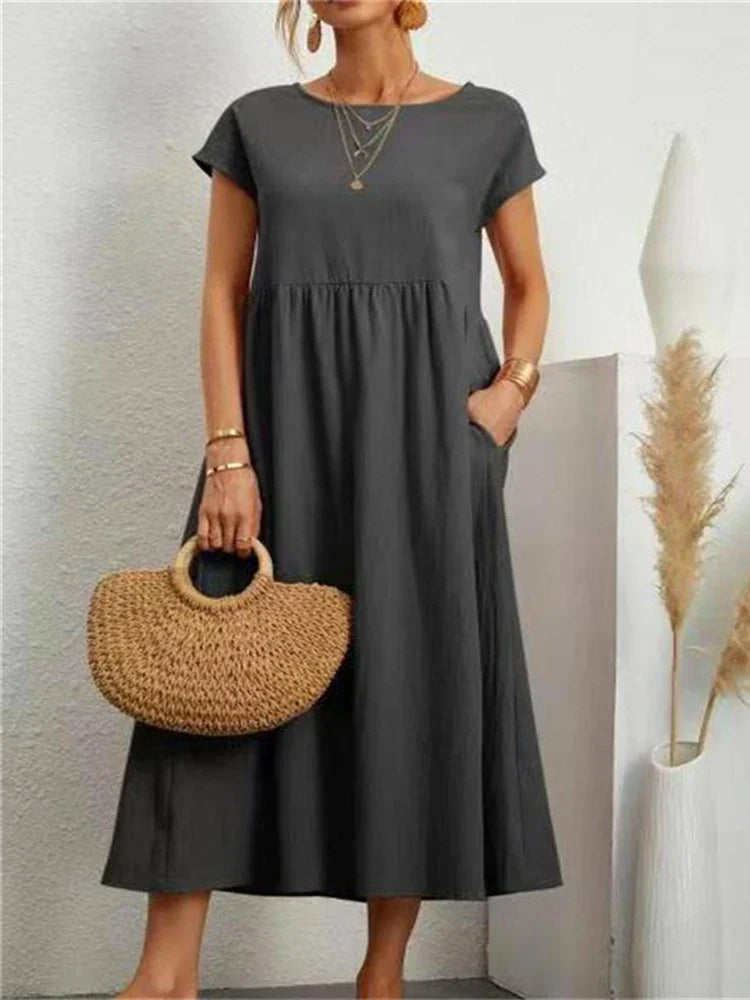 Janet™ - Elegancka bawełniana lniana sukienka Maxi z kieszeniami w stylu vintage Harajuku