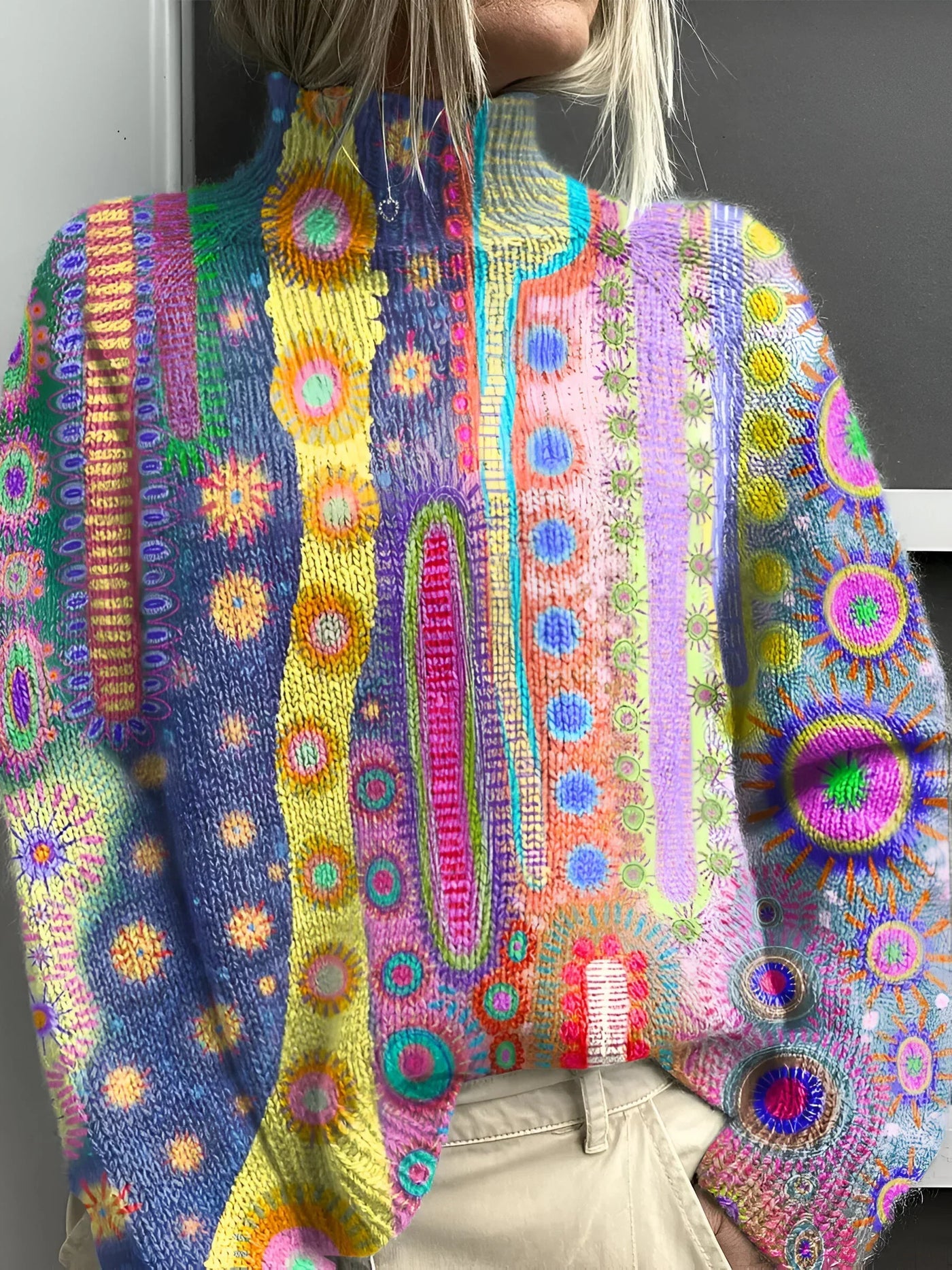 Daphne - Kolorowy sweter z dzianiny z golfem